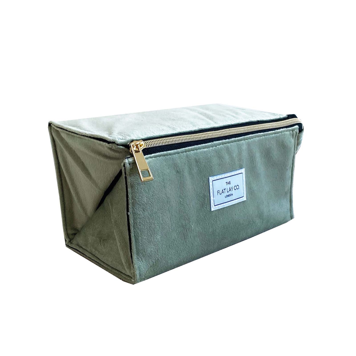 The Flat Lay Co. Open Flat Makeup Box Bag In Sage Green Velvet 1Each