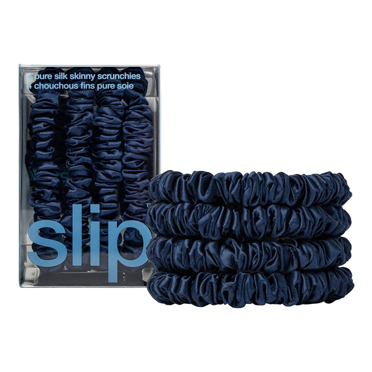 Slip Silk Pillowcase Pure Silk Skinny Scrunchies Navy Set Of 4