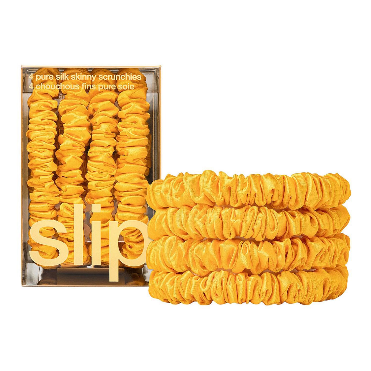 Slip Silk Pillowcase Pure Silk Skinny Scrunchies - Golden Set Of 4